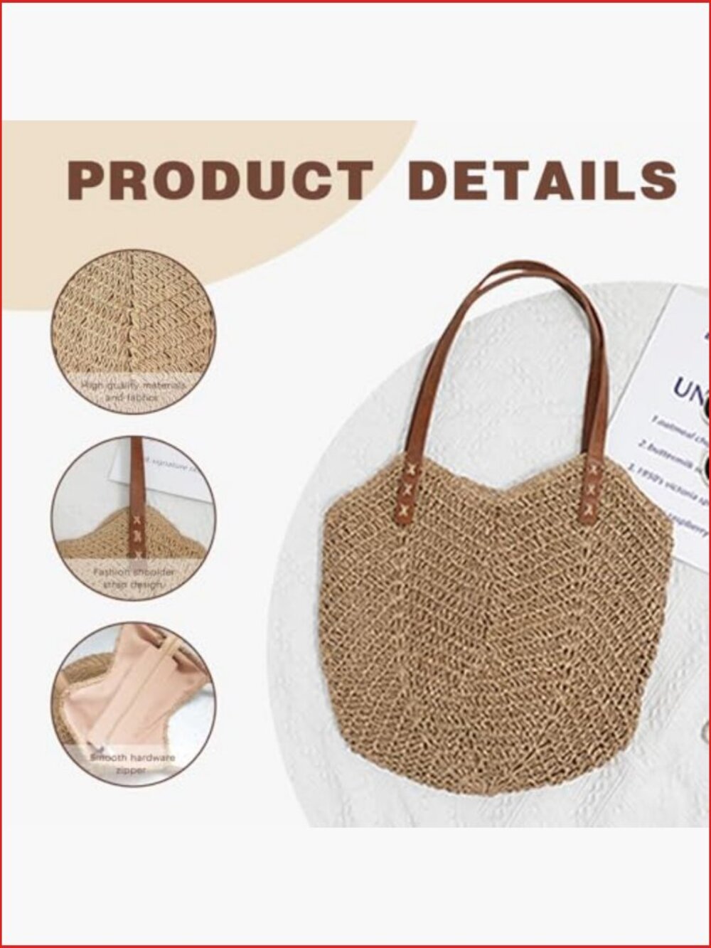 Straw Beach Tote Bag Summer Woven Handmade Shoulder Bucket Purse - Picture 4 of 6
